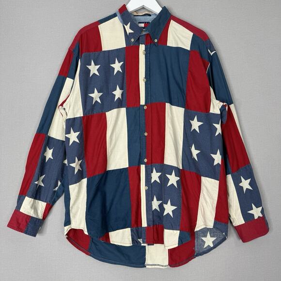 Tommy Hilfiger Other - Vintage Tommy Hilfiger Mens Shirt XL Red American Flag Patchwork Patriotic 90s